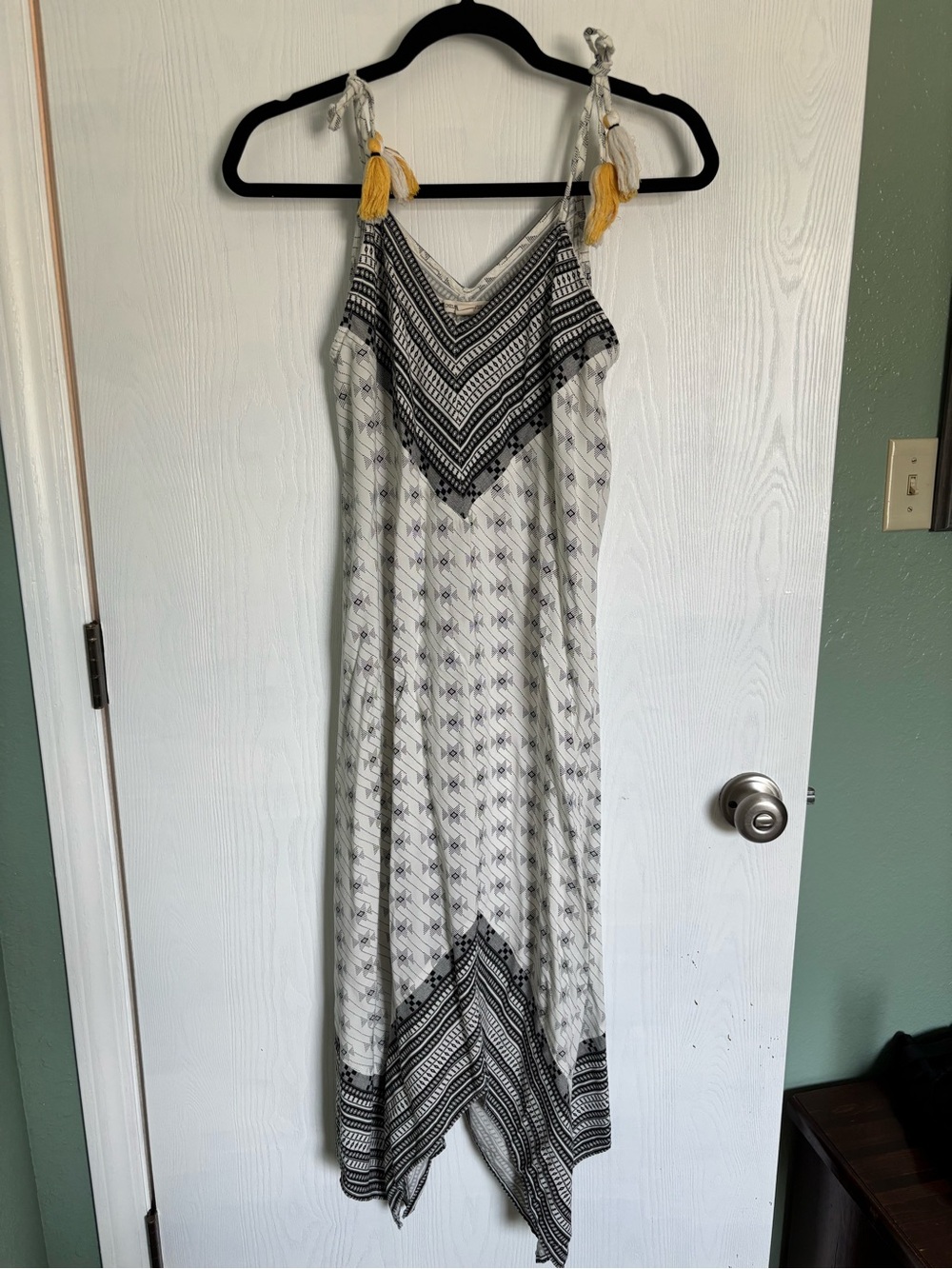 Chelsea & Violet White Maxi Dress with Black Geometric Print and Yellow Tassels